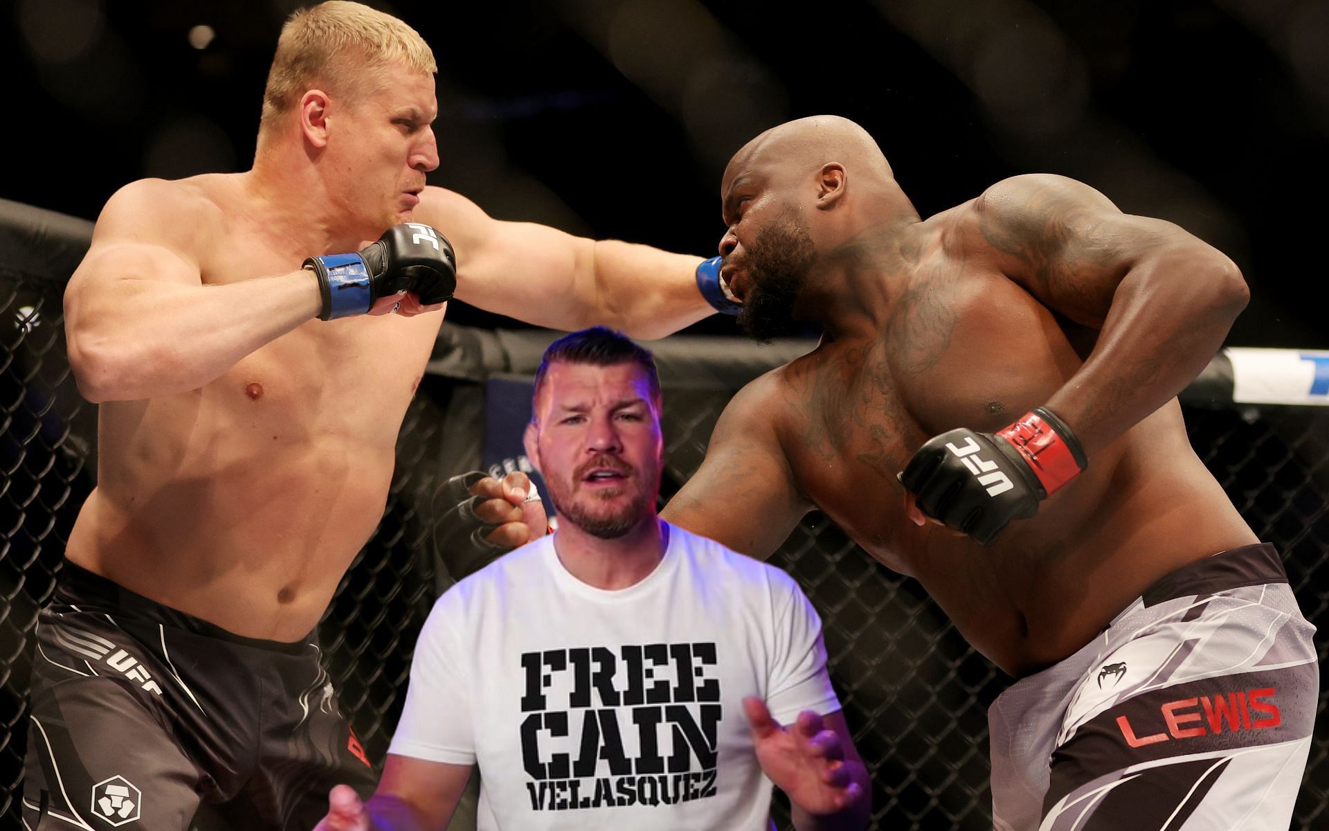 Sergei Pavlovich (left), Michael Bisping (center), and Derrick Lewis (right) (Images via Getty and YouTube/Michael Bisping)