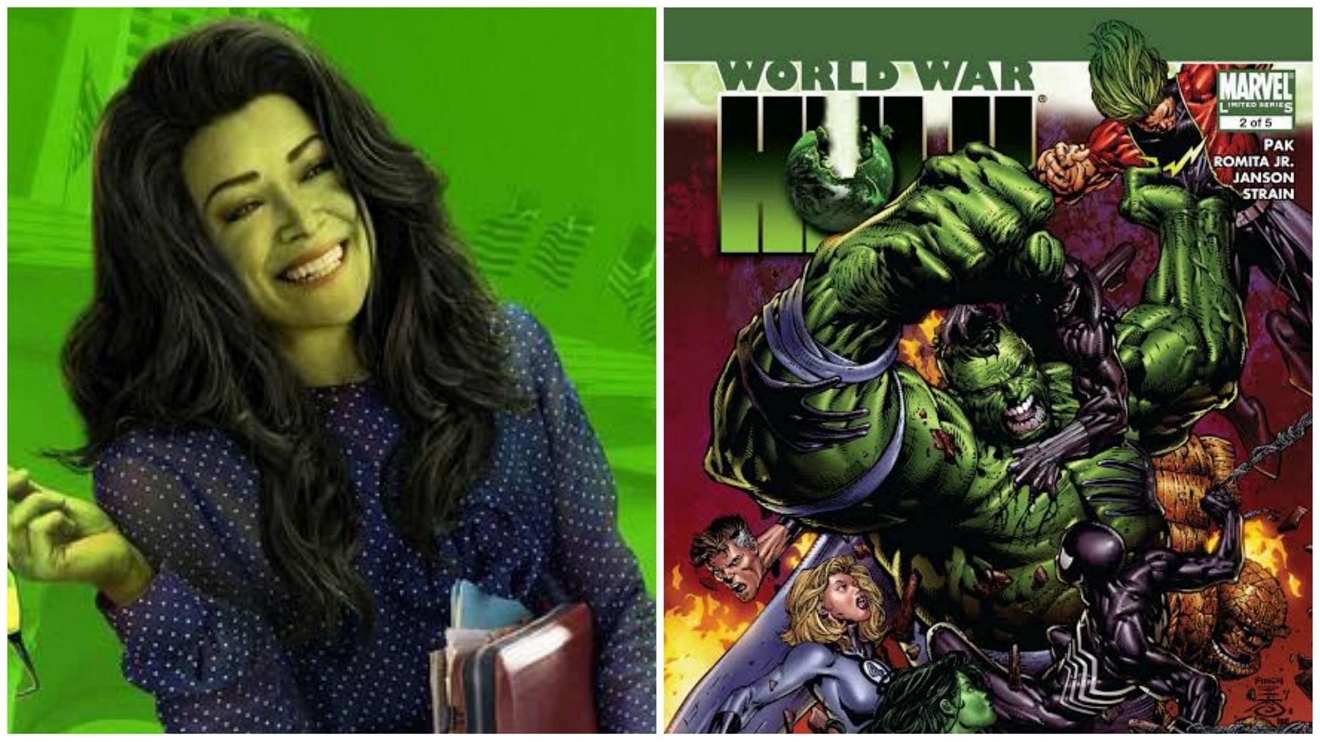 She-Hulk: Attorney at Law poster and World War Hulk comic cover (Images via Marvel Studios and Marvel Comics)