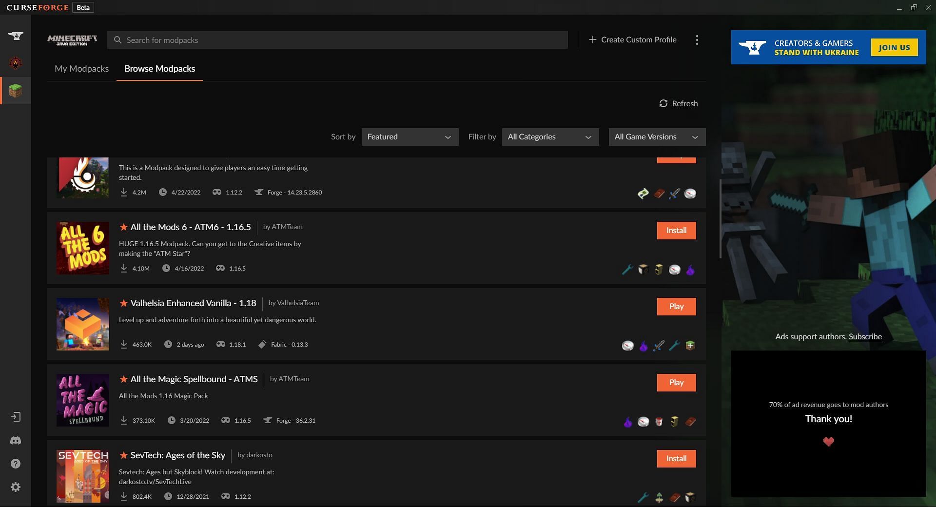 The &quot;Browse Modpacks&quot; section of CurseForge (Image via CurseForge)