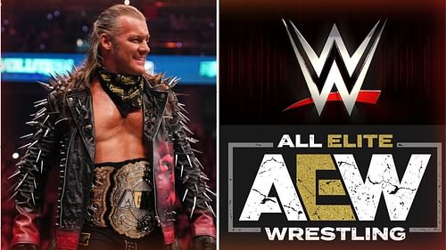 Chris Jericho (left) and AEW and WWE logos (right).