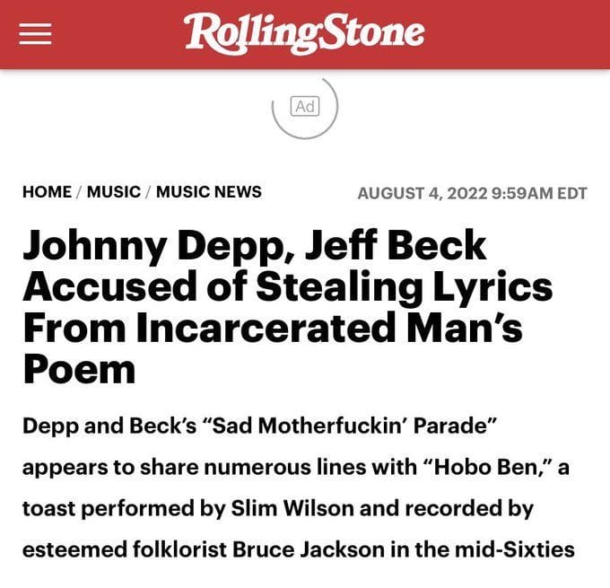 reacts as Johnny Depp and Jeff Beck are accused of stealing