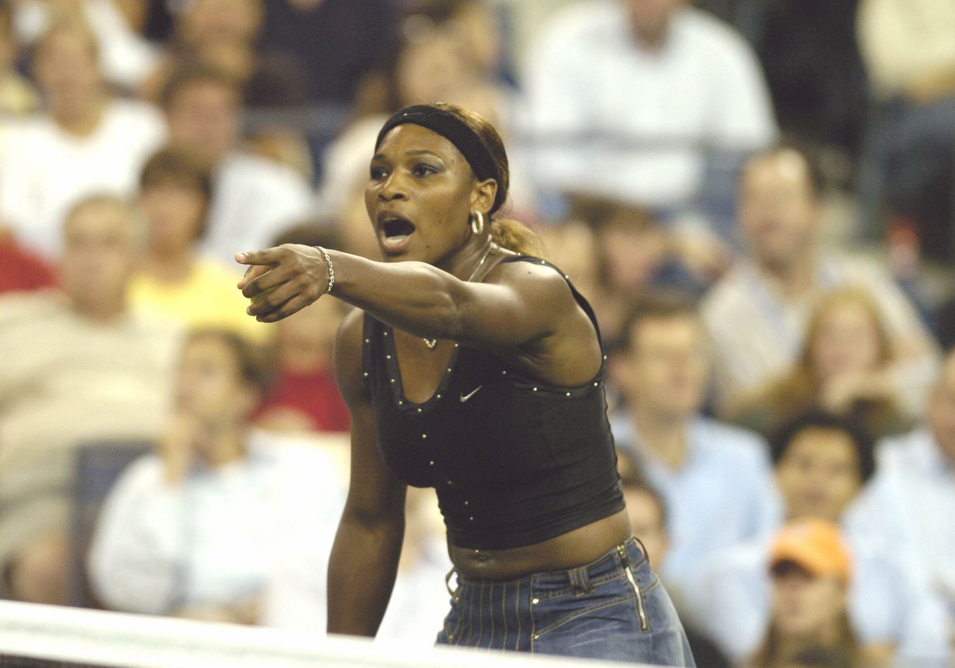 Serena Williams argues a line call during her loss to Jennifer Capriati in the quarterfinals of the 2004 US Open.