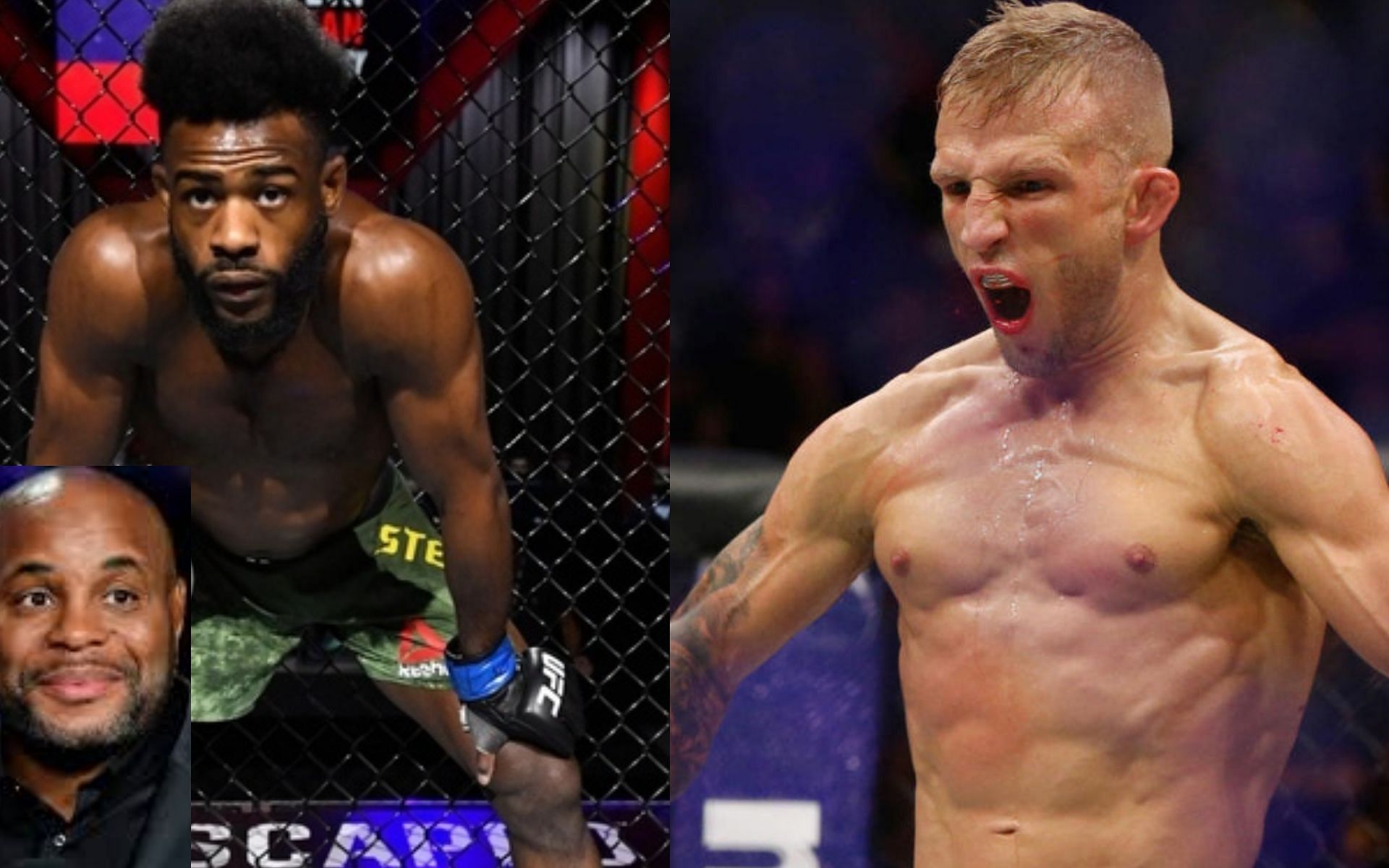 Daniel Cormier (corner). Aljamain Sterling (L), and TJ Dillashaw (R) [Images Courtesy: Getty]