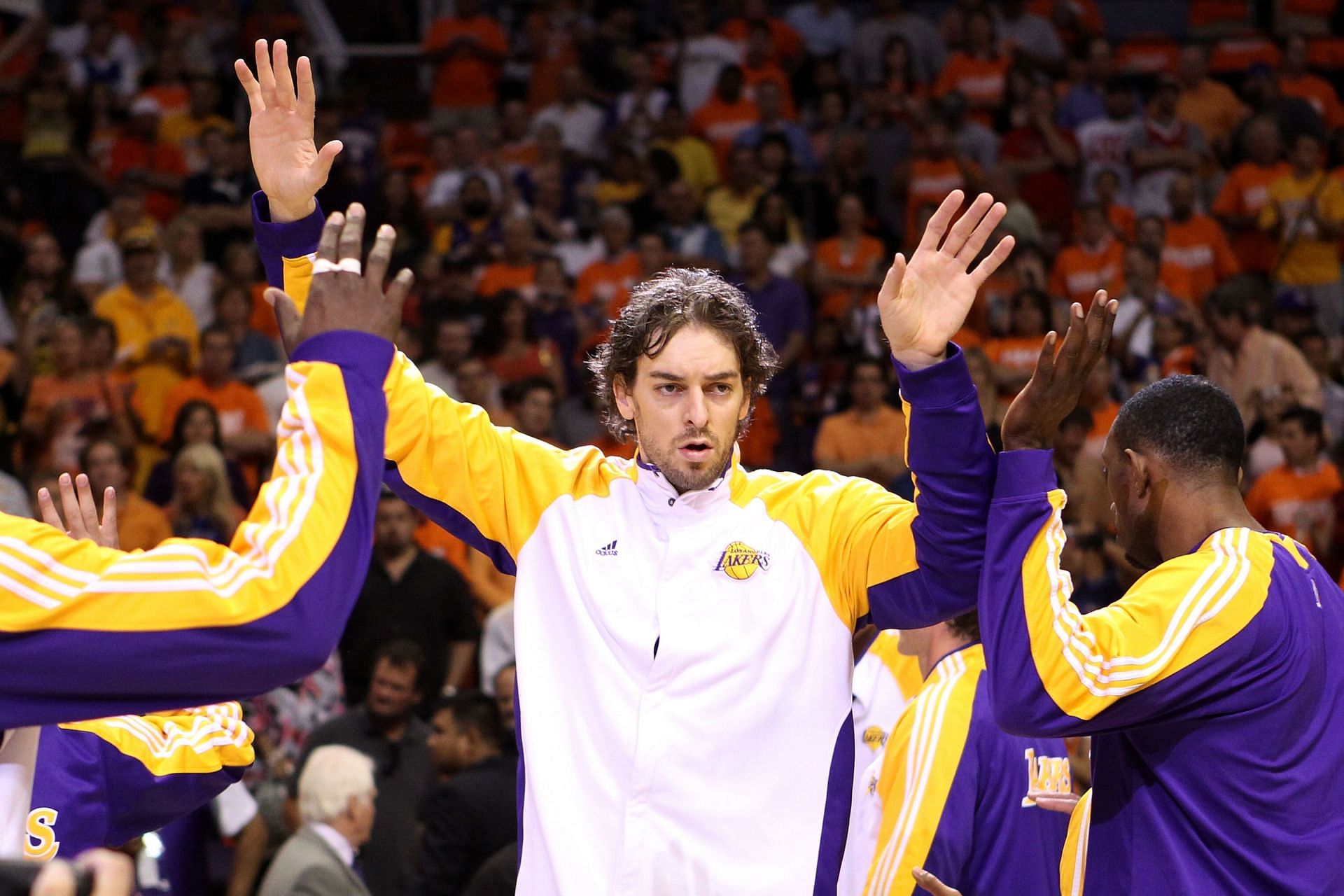 Los Angeles Lakers' Pau Gasol celebrates with Kobe Bryant during the  Lakers' NBA championship ceremony at the Coliseum in Los Angeles on June  17, 2009. A crowd of about 90,000 fans attended. (