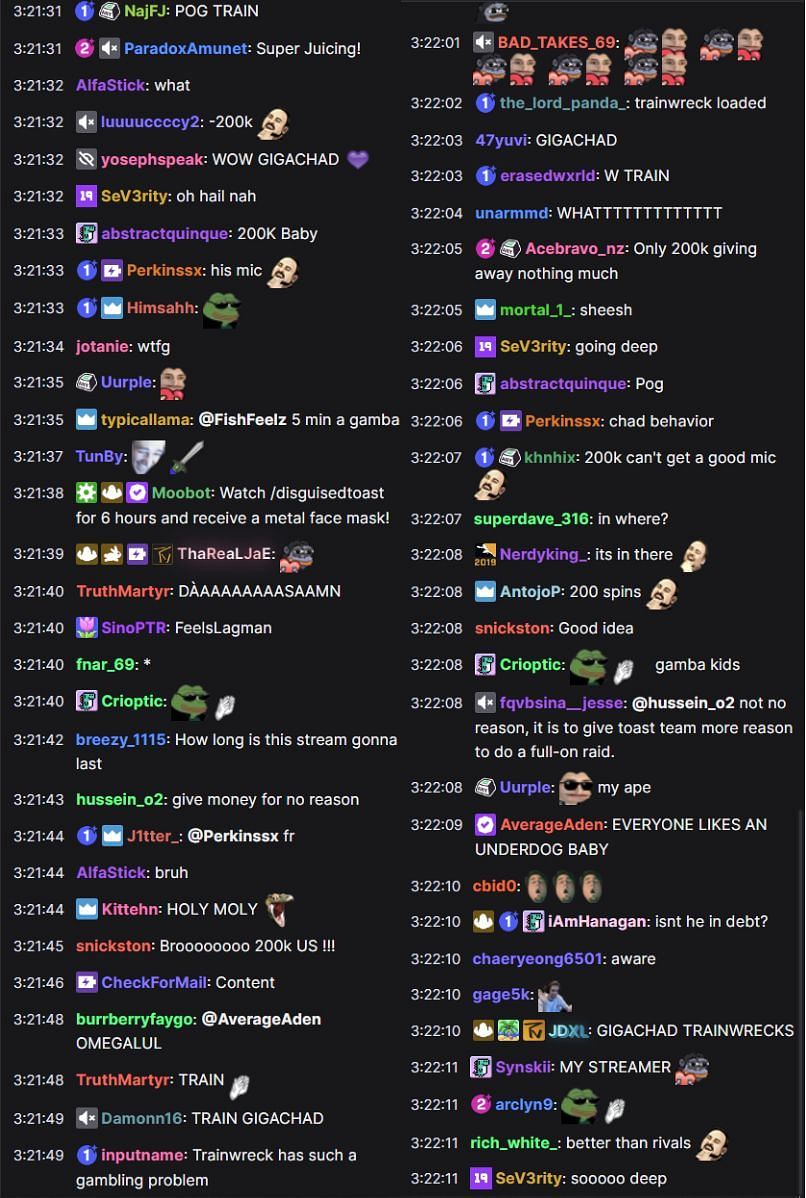 Fans in the chat reacting to the streamer wagering $200,000 at Twitch Rivals: Rust (Image via Twitch/TwitchRivals)