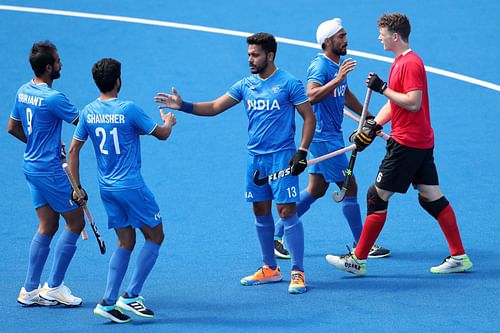 India's Harmanpreet Singh celebrates a goal against Canada. (PC: Getty Images)