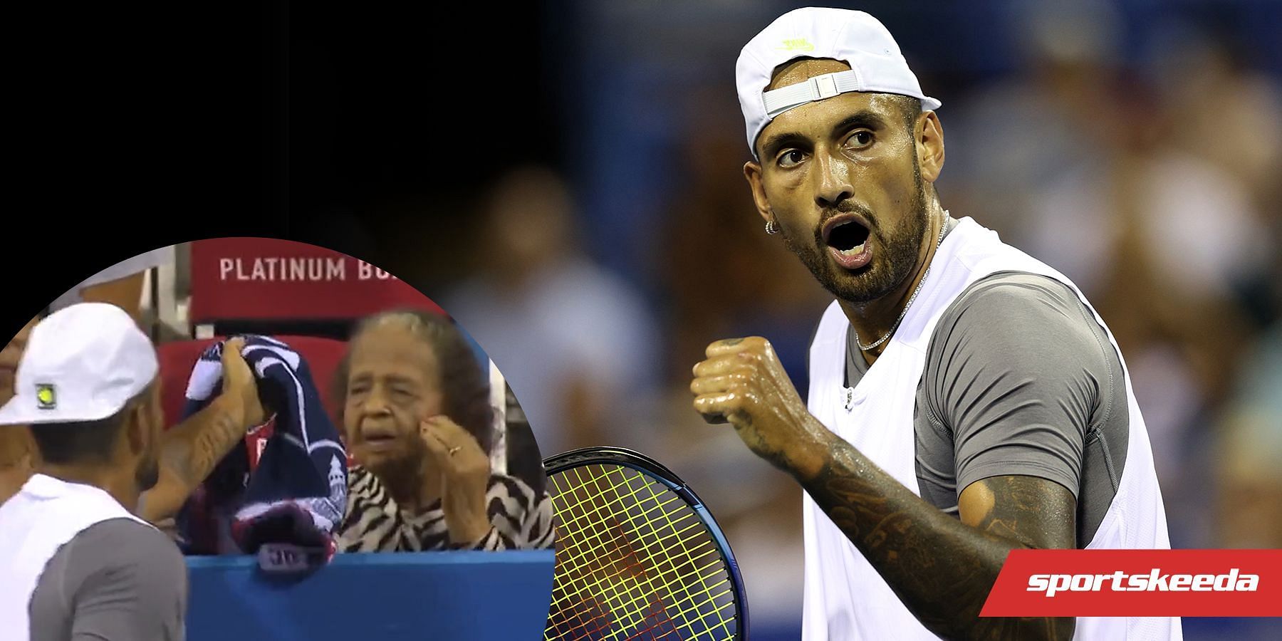 Nick Kyrgios makes up for an errant bounce of his backhand shot that hit an elderly fan by giving her his towel (Insert: Screenshot from Tennis TV&#039;s video clip on Twitter).