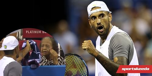 Nick Kyrgios makes up for an errant bounce of his backhand shot that hit an elderly fan by giving her his towel (Insert: Screenshot from Tennis TV's video clip on Twitter).