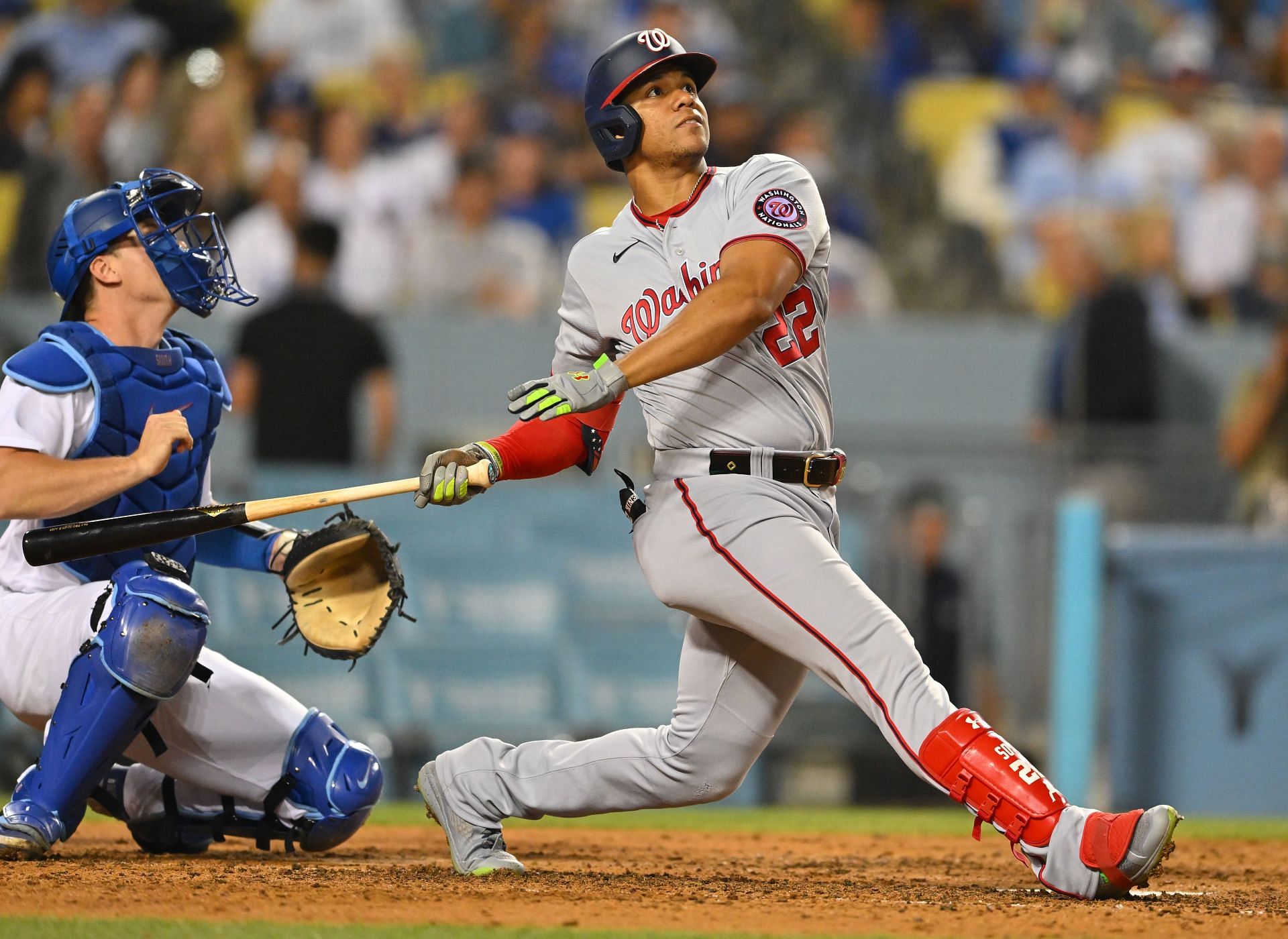 Juan Soto pops out to the Los Angeles Dodgers in the fifth inning at Dodger Stadium.