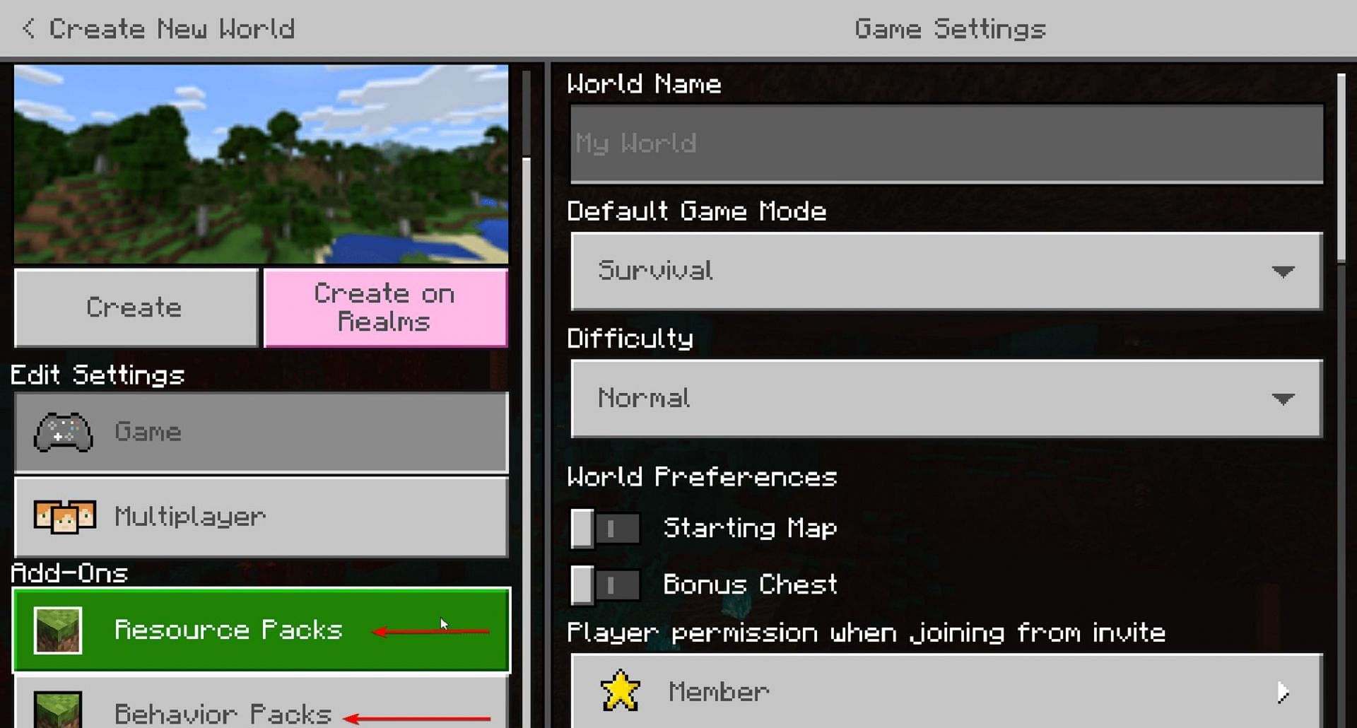 Minecraft Bedrock&#039;s create/edit world menu (Image via Mojang)