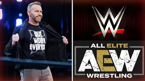 Christian Cage (left) and AEW and WWE logos (right).