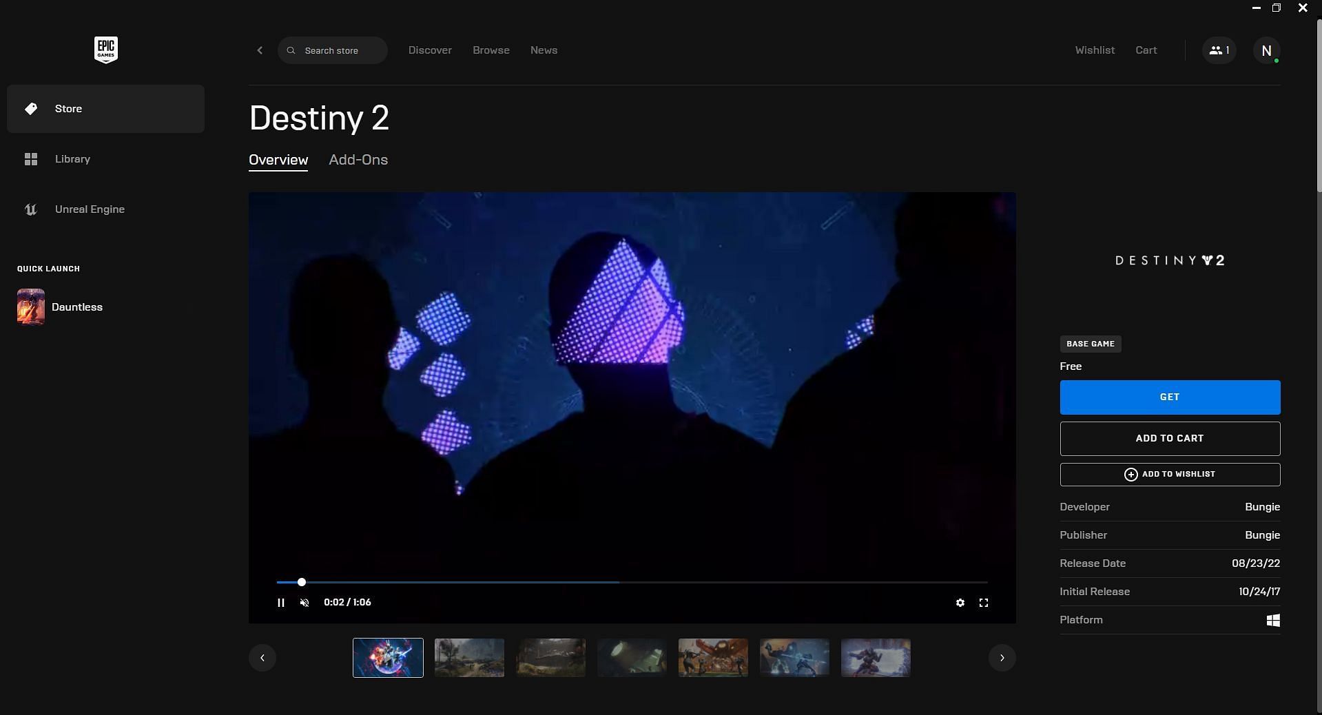 Destiny 2 on EGS (Image via Epic Games Store)