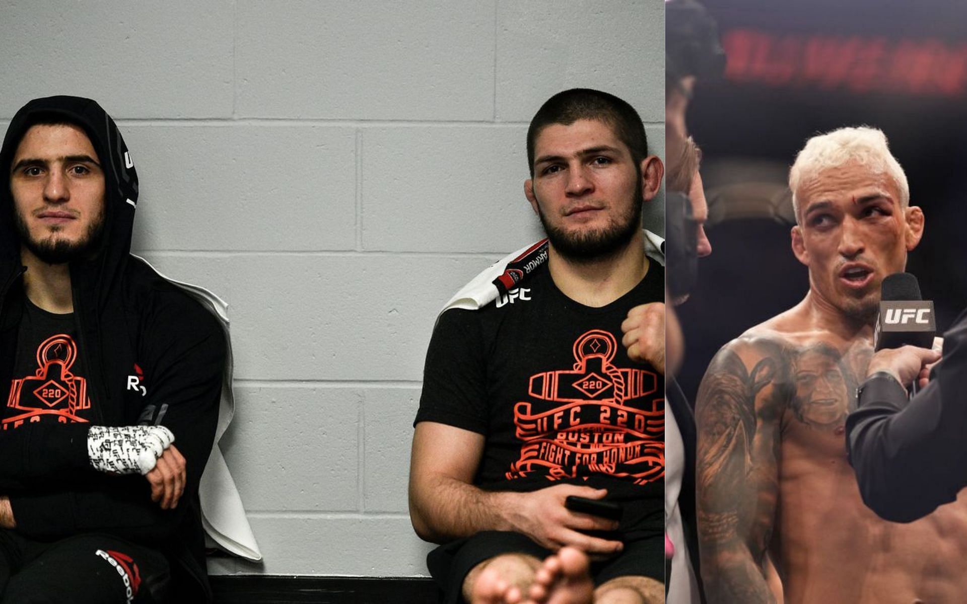 Islam Makhachev and Khabib Nurmagomedov (left) and Charles Oliveira (right). [Image courtesy: left image from mmamania.com]