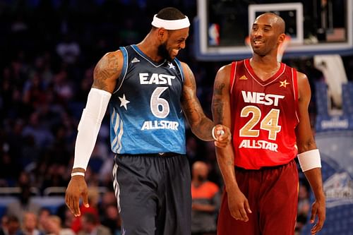 Miami Heat's LeBron James of the Eastern Conference talks with LA Lakers' Kobe Bryant of the Western Conference during the 2012 NBA All-Star Game