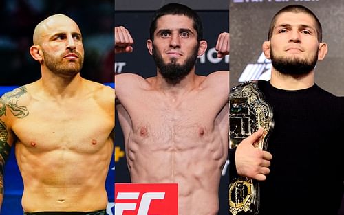 Alexander Volkanovski (left), Islam Makhachev (center), and Khabib Nurmagomedov (right) (Images via Getty)