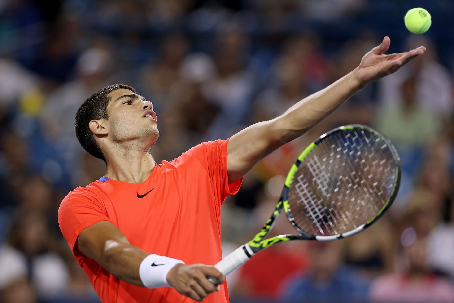 Carlos Alcaraz serves at the Western & Southern Open