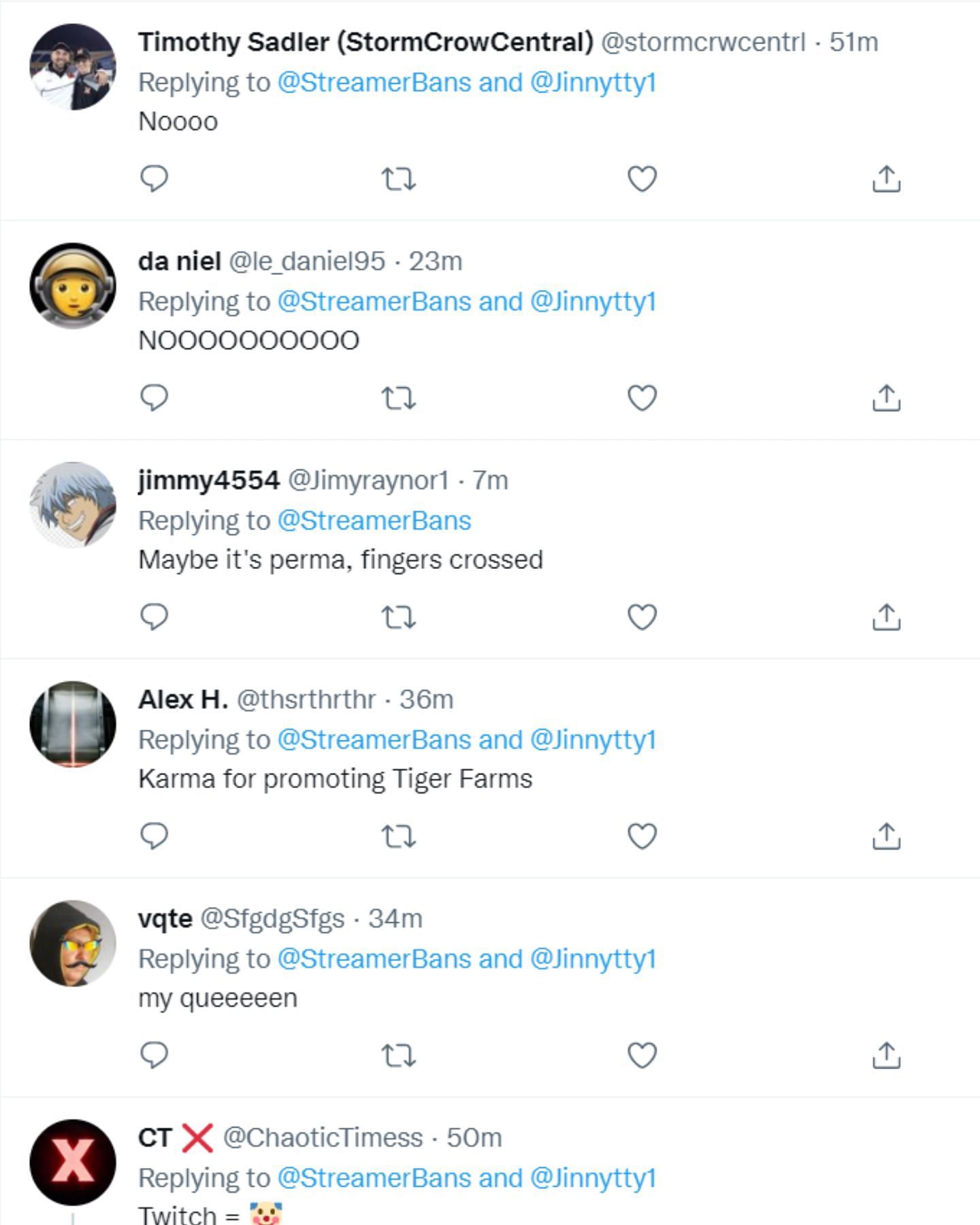 Fans react to Jinnytty&#039;s third ban (Image via StreamerBans/Twitter)