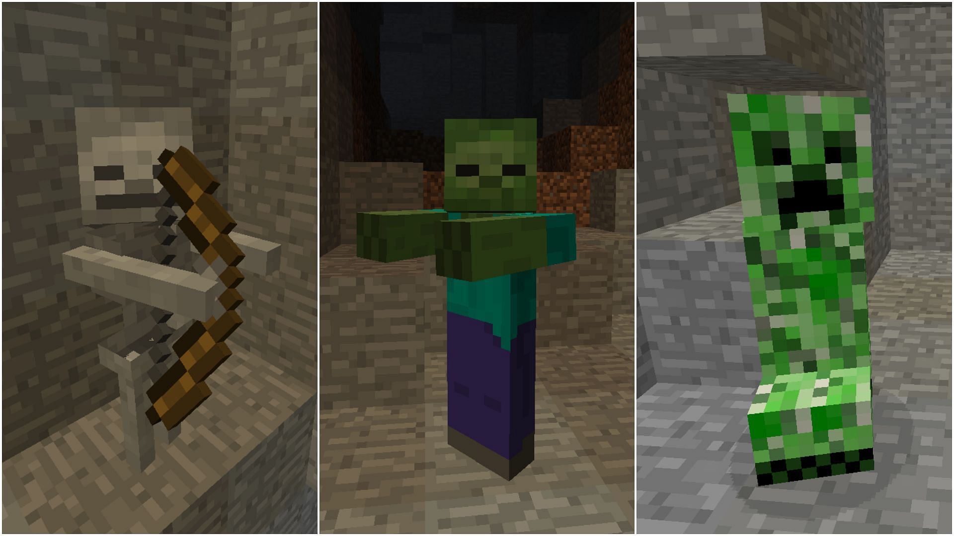 Three most common hostile mobs present in Minecraft 1.19 Overworld realm (Image via Sportskeeda)