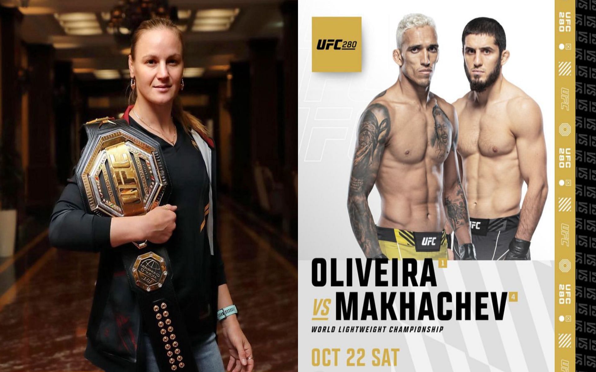 Valentina Shevchenko (left), Charles Oliveira (right), and Islam Makhachev (far right) [Images Courtesy: @bulletvalentina and @ufc on Instagram]