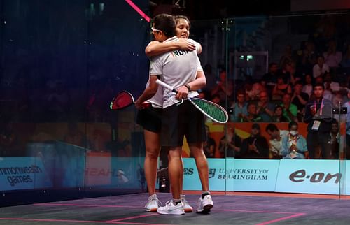 Dipika Pallikal Karthik and Saurav Ghosal celebrate their CWG 2022 bronze medal win. (PC: Getty Images)