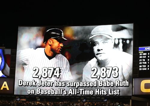 Derek Jeter of the New York Yankees is flashed on the scoreboard after surpassing Babe Ruth in all-time hits.