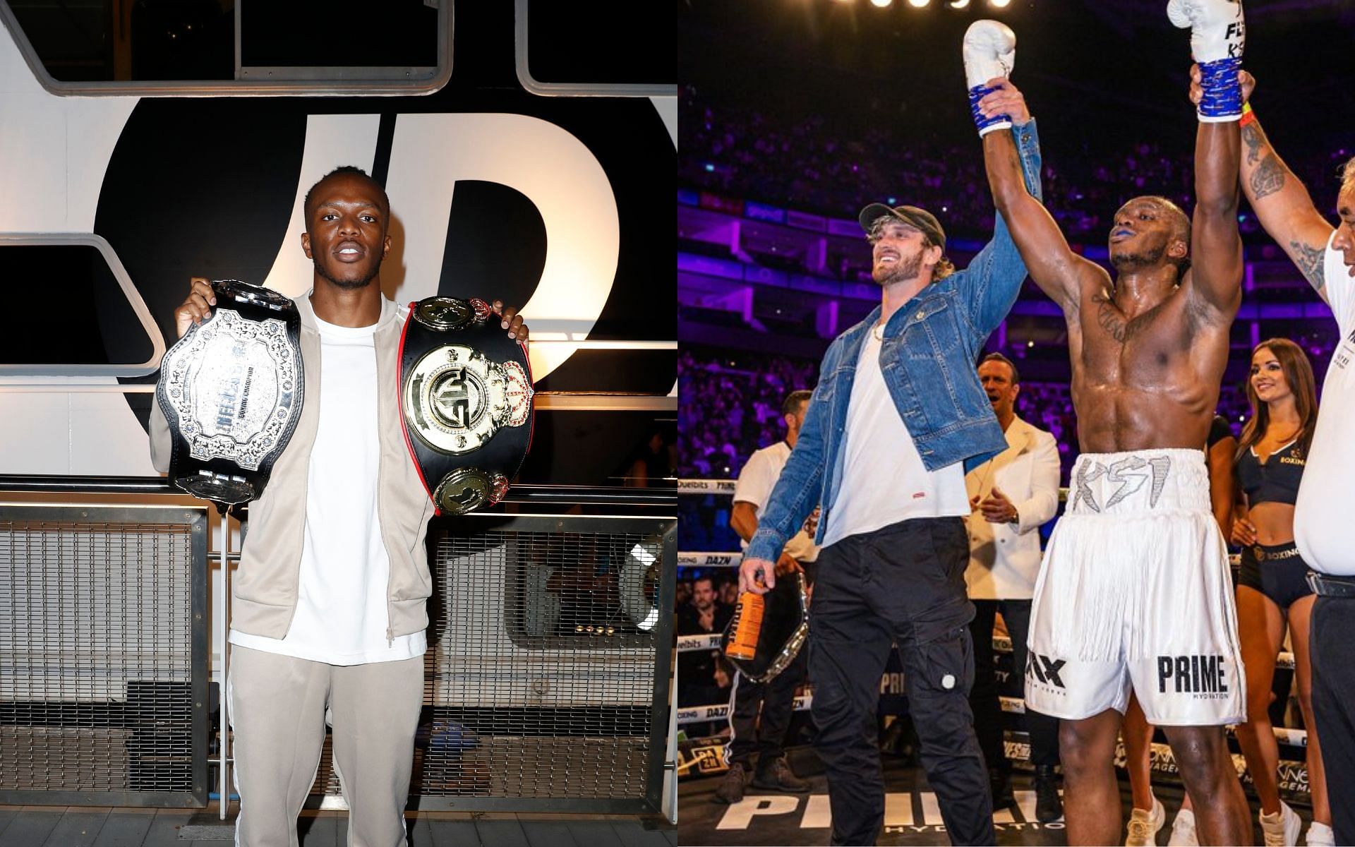 KSI (left) and KSI with Logan Paul (right) (Image credits Getty Images and @loganpaul on Twitter)