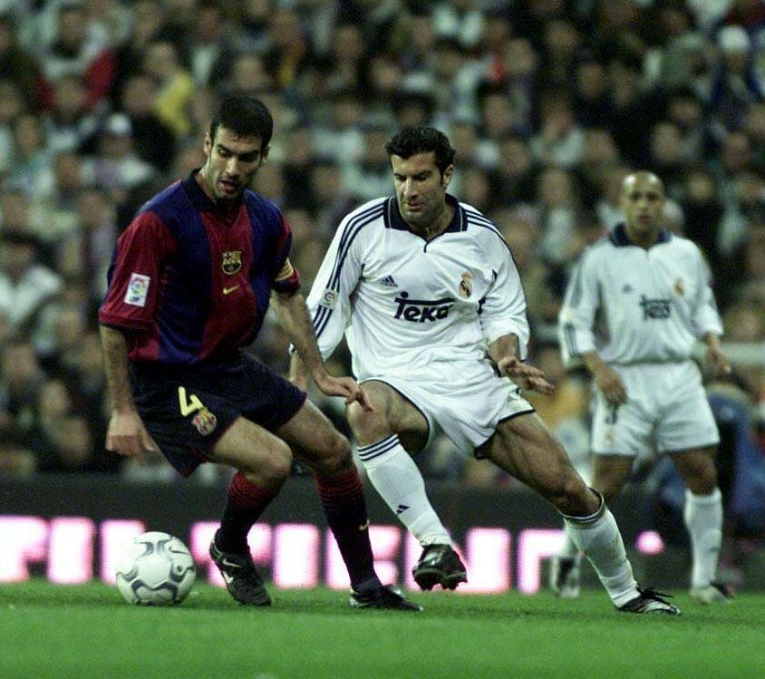 Pep Guardiola would come up against Luis Figo (right) in the El Clasico.