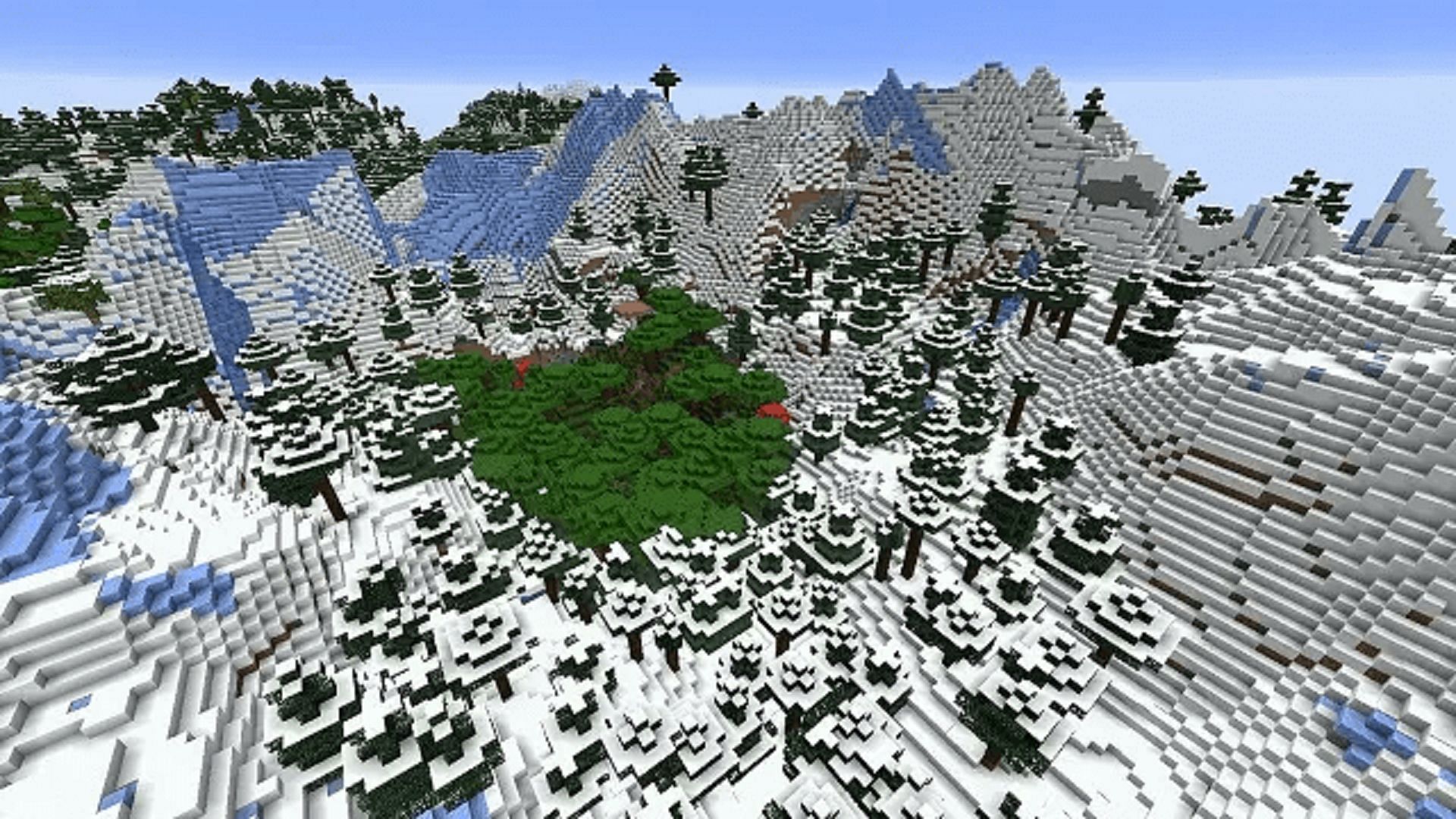 This mountain exhibits a great crater for a building site (Image via Mojang)