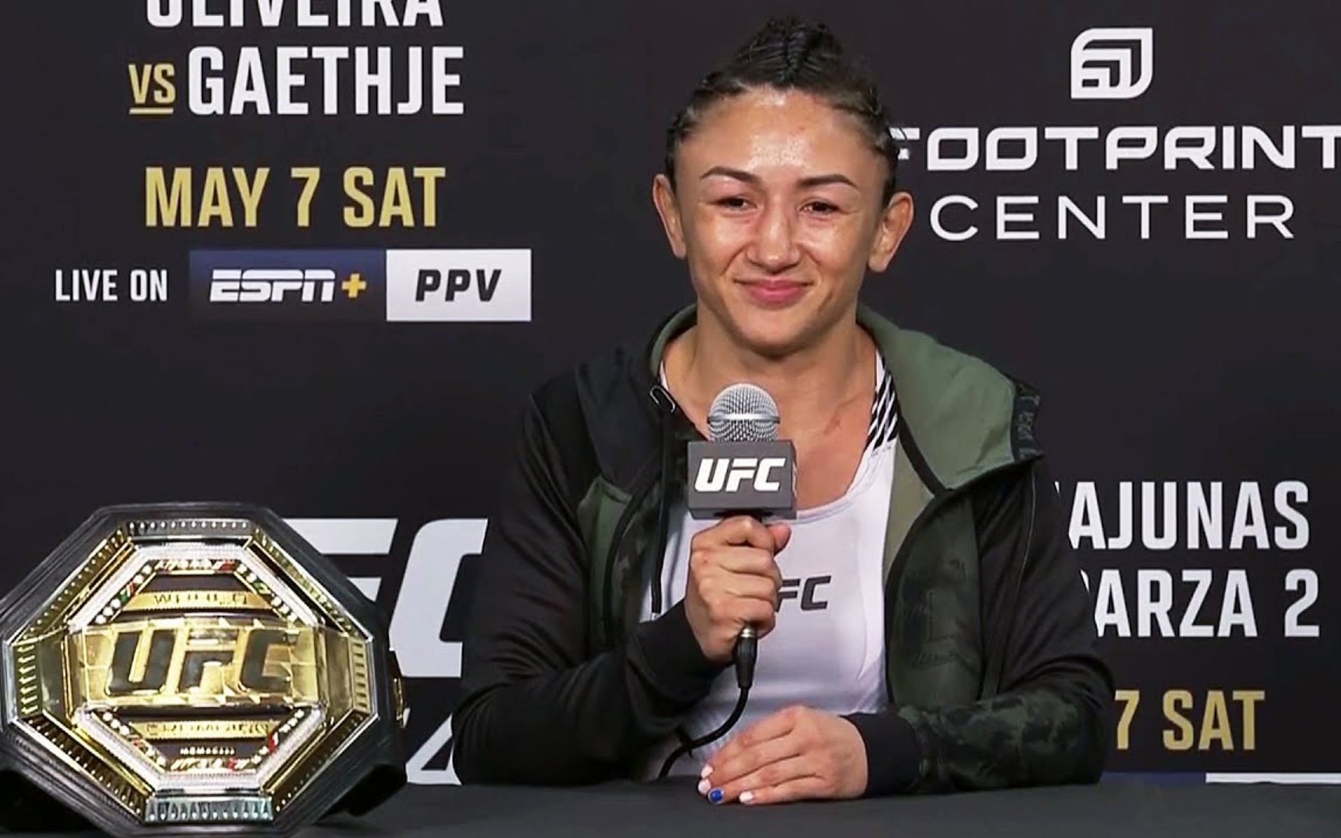 Carla Esparza after her title win at UFC 274 [Image courtesy: scmp.com]