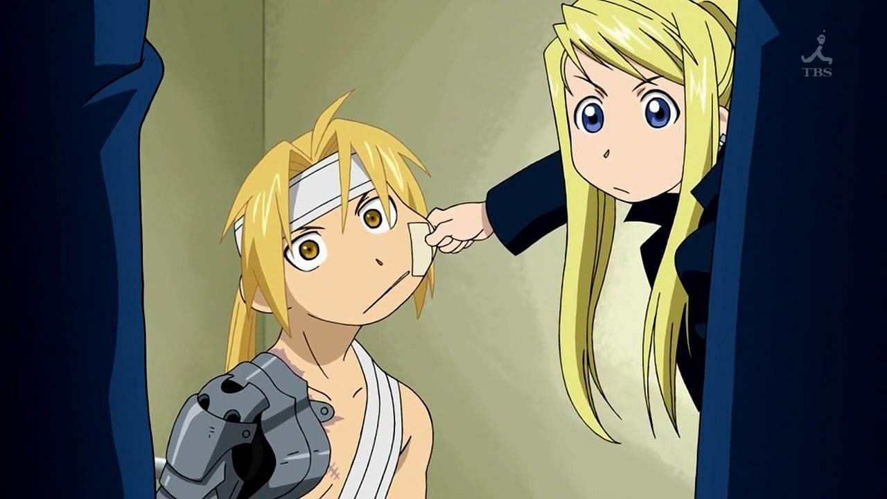 Edward (left) and Winry (right) as seen in the series&#039; anime (Image via bones Studio)