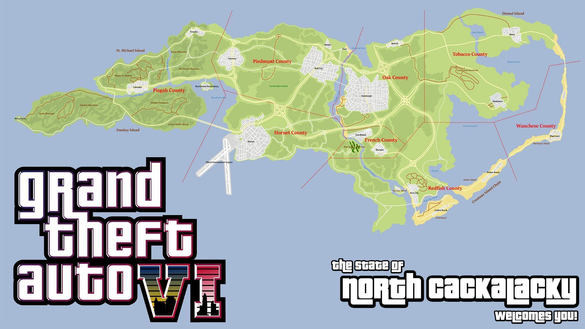 A concept GTA 6 map based on North Carlina, created by jackie630 (Image via u/jackie630 on Reddit)