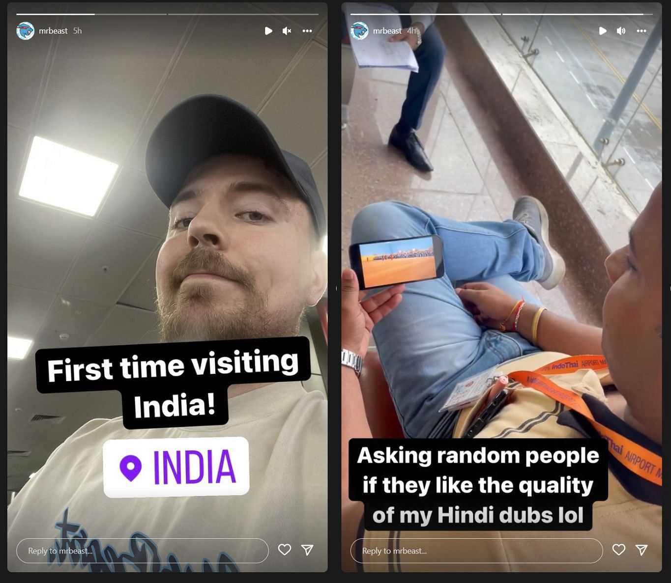 MrBeast posts two Instagram stories revealing that he is visiting India (Images via Instagram Stories)