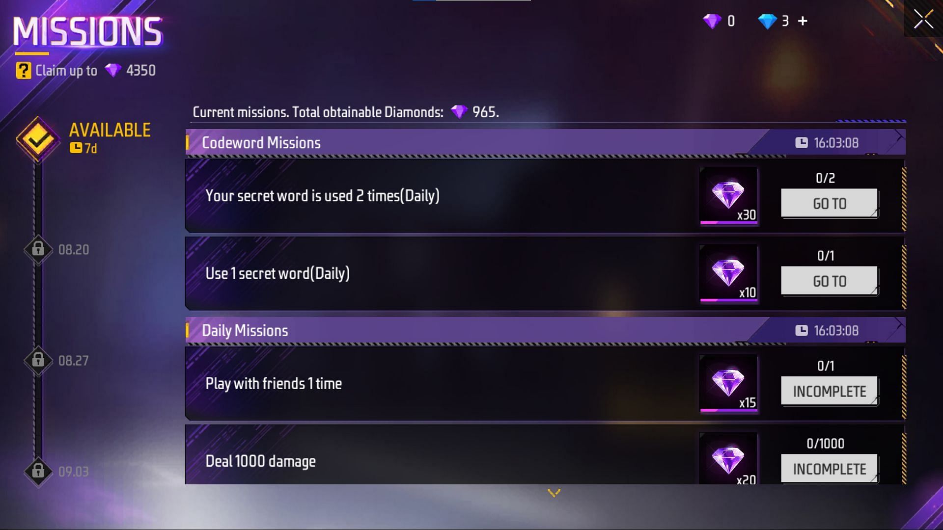 Users can go ahead and complete the missions (Image via Garena)