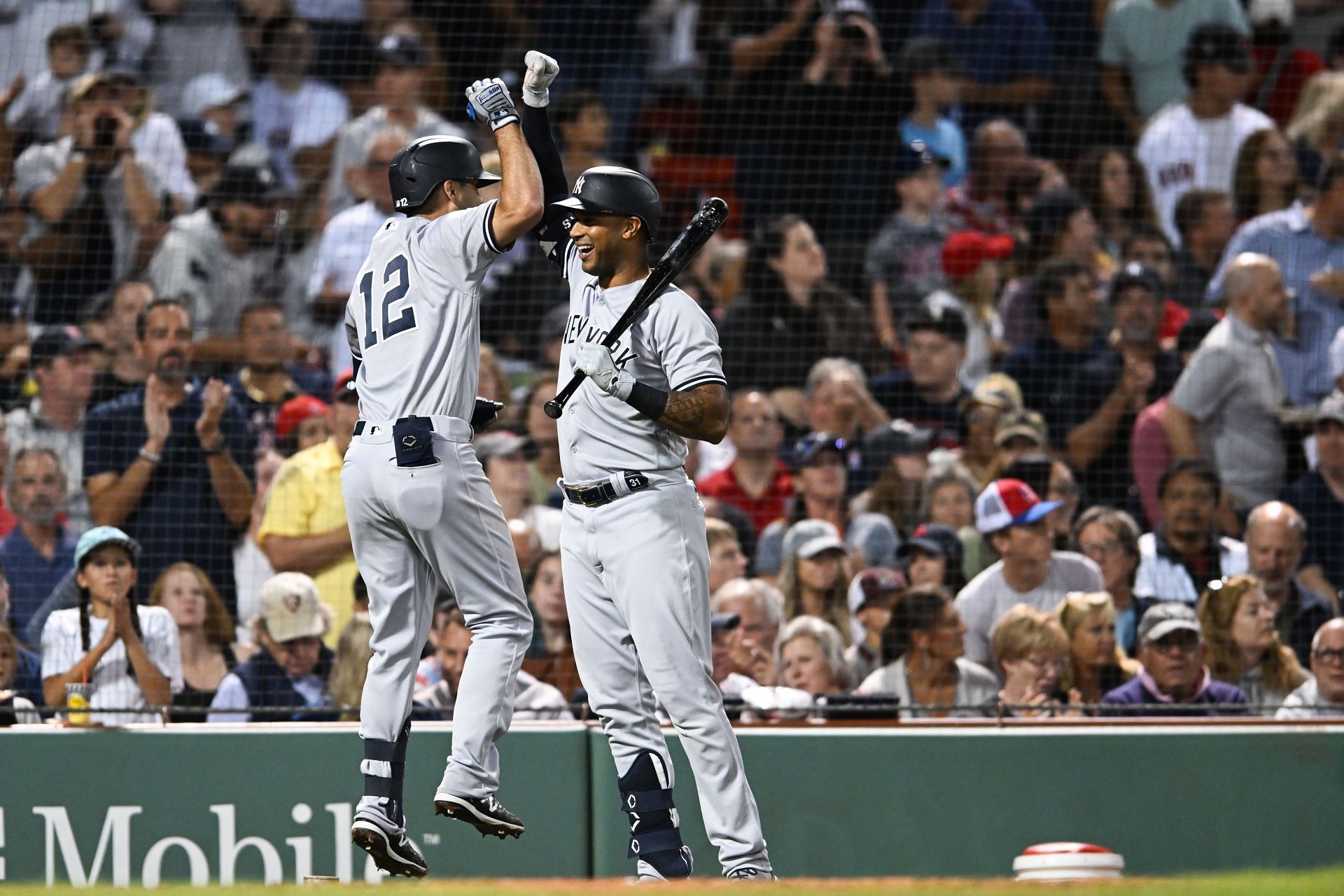 Isiah Kiner-Falefa celebrates with Aaron Hicks after hitting his first home run of the season during tonight&#039;s New York Yankees v Boston Red Sox game.