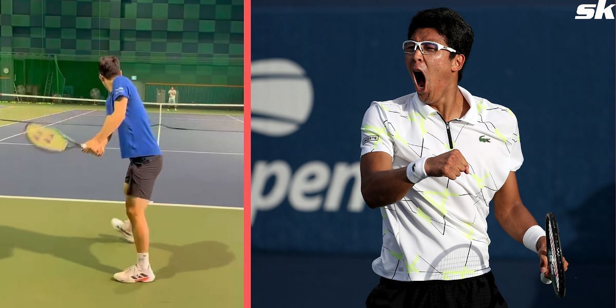 Hyeon Chung (L) attempts to strike the ball during a recent training session (Image courtesy: Hyeon Chung IG)