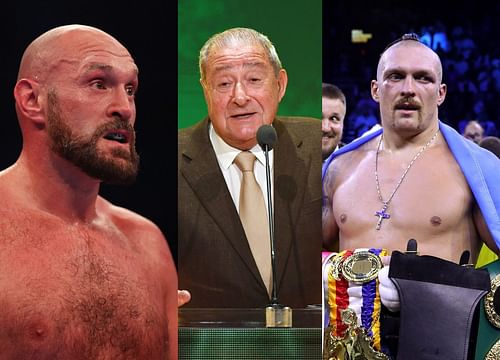 Tyson Fury (left), Bob Arum (center), Oleksandr Usyk (right)