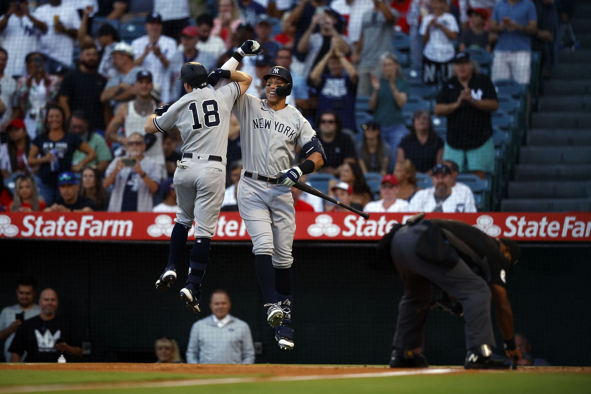 Andrew Benintendi celebrates with Aaron Judge after hitting a home run during last night&#039;s New York Yankees v Los Angeles Angels game.