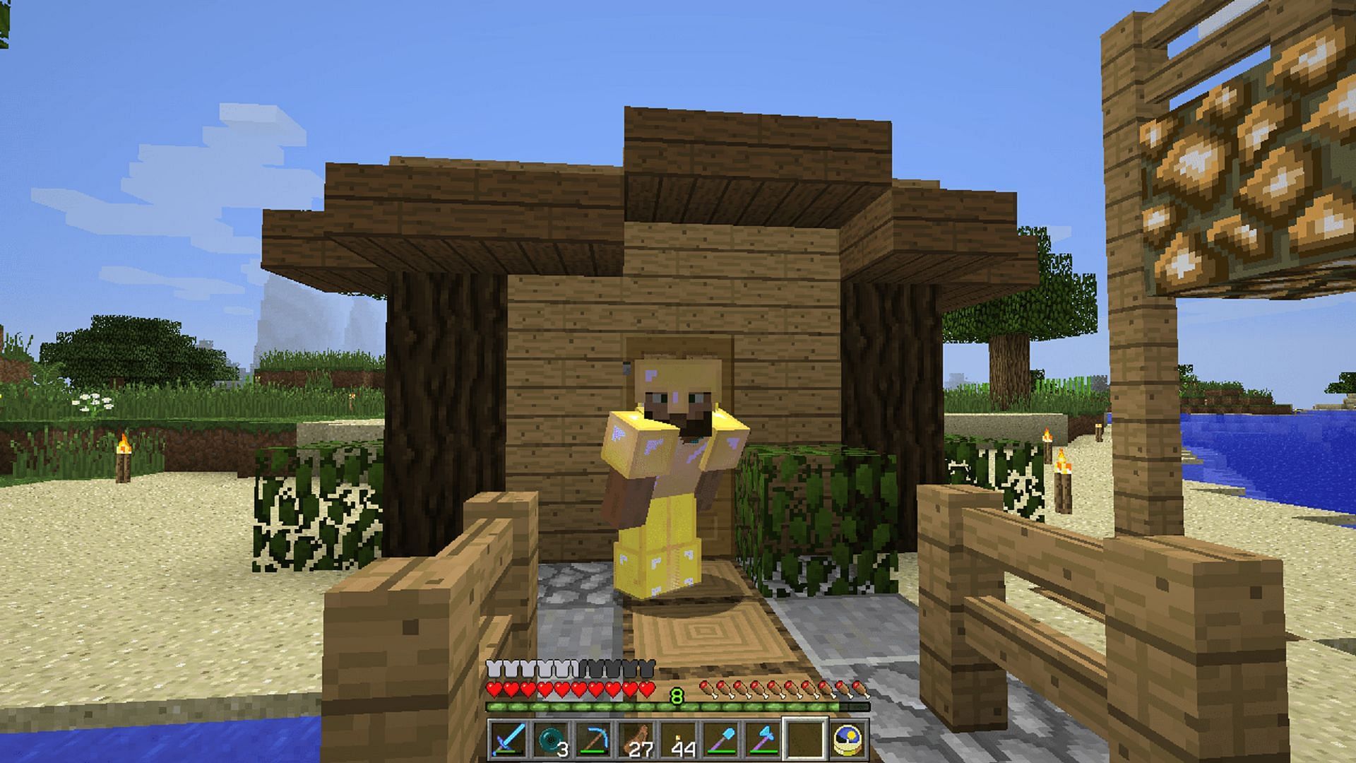 A player dons enchanted golden armor in Minecraft (Image via u/Koala_eiO/Reddit)