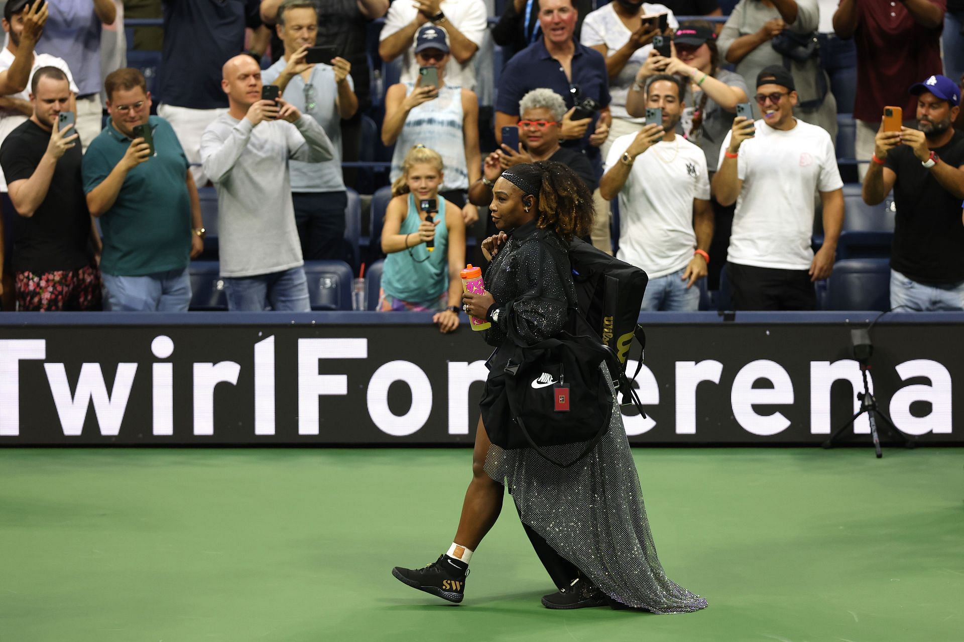 Serena Williams walking on to the court on Monday