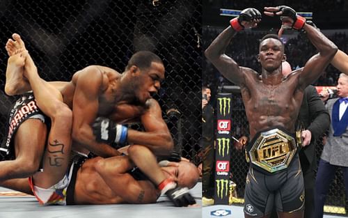 Jon Jones elbowing Brandon Vera (left) and Israel Adesanya (right)(Image via Getty)