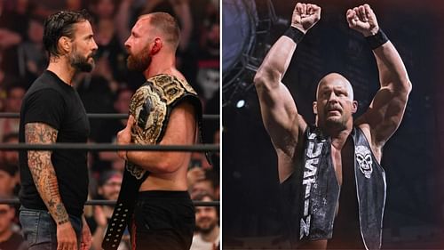 CM Punk and Jon Moxley (left) and WWE Hall of Famer Stone Cold Steve Austin (right).