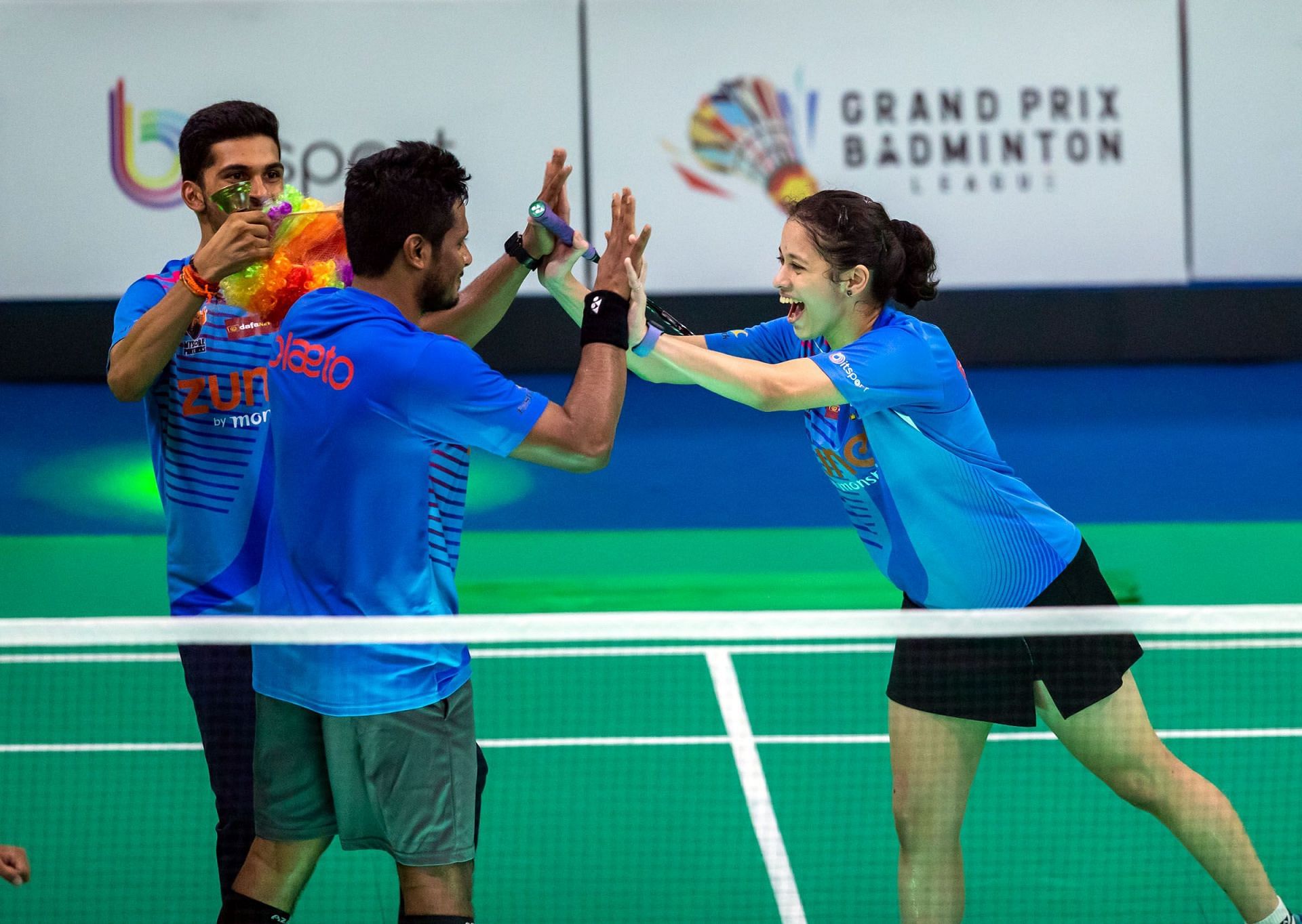 Player of the Tie Tanya Hemanth (R) celebrates with her mixed doubles partner Kiran Kumar G at the Grand Prix Badminton League in Bengaluru on Monday. (Pic credit: GPBL)