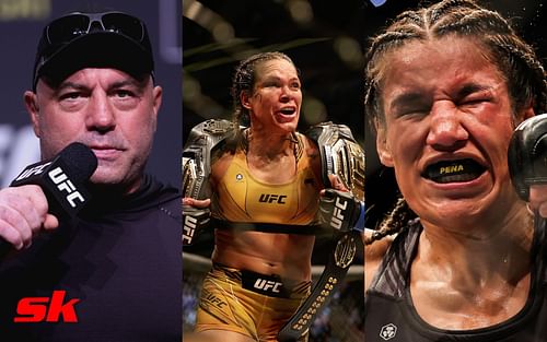 Joe Rogan (left), Amanda Nunes (center), Julianna Pena (right)