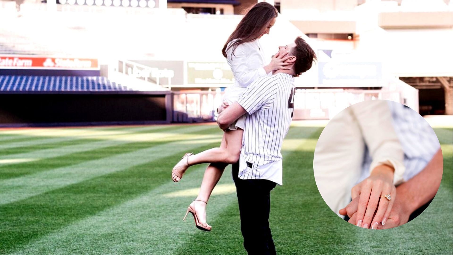 Jordan Montgomery celebrates with his fiance McKenzie Dirr on the field at Yankee Stadium.