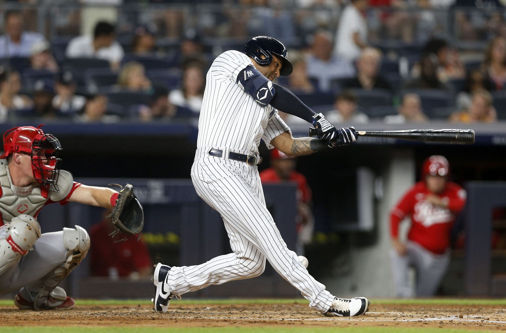 Aaron Hicks fouls the ball off his leg in the third inning of a game at Yankee Stadium.