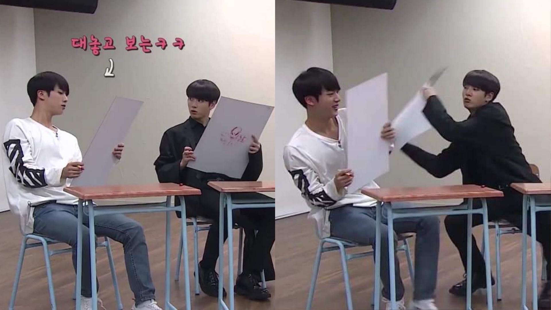 Jung Kook hitting Jin after he caught the eldest cheating (Image via V LIVE)