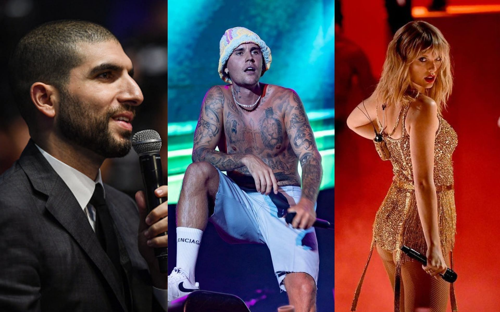 Ariel Helwani (left), Justin Bieber (center), Taylor Swift (right) [Images courtesy: Getty | @justinbieber and @taylorswift via Instagram]