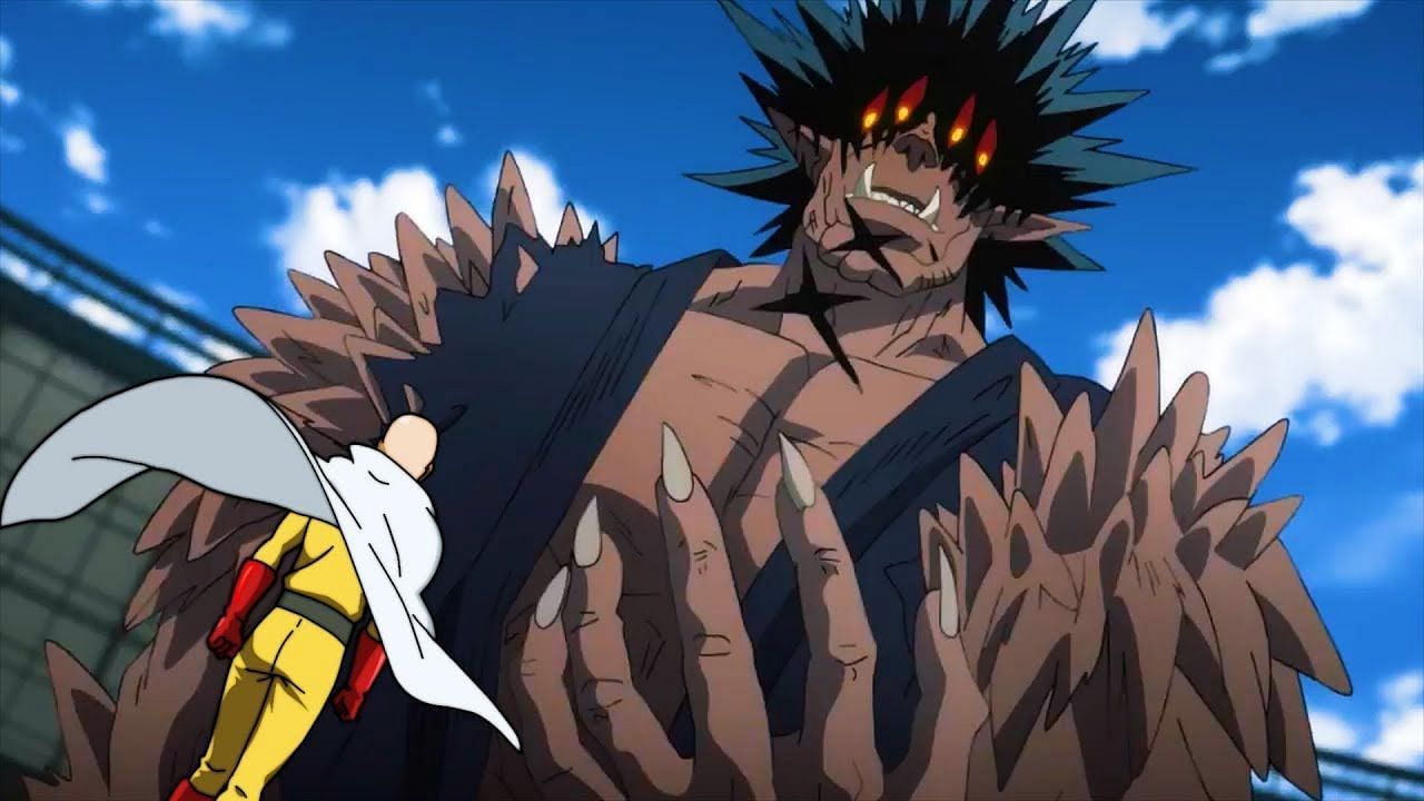 Goketsu (background) seen fighting Saitama (foreground) in the series&#039; anime (Image via J.C. Staff)