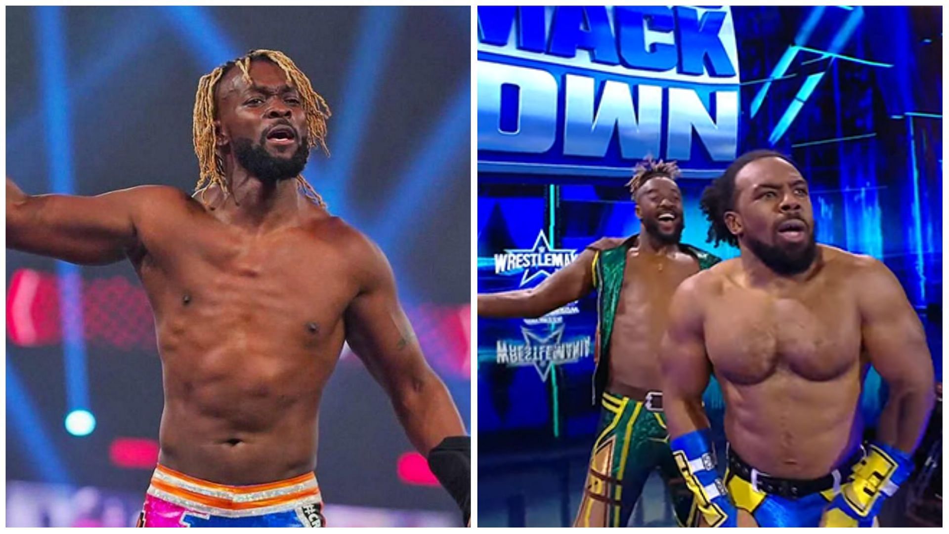 WWE&#039;s Kofi Kingston (L); The New Day&#039;s Xavier Woods and Kofi (R)