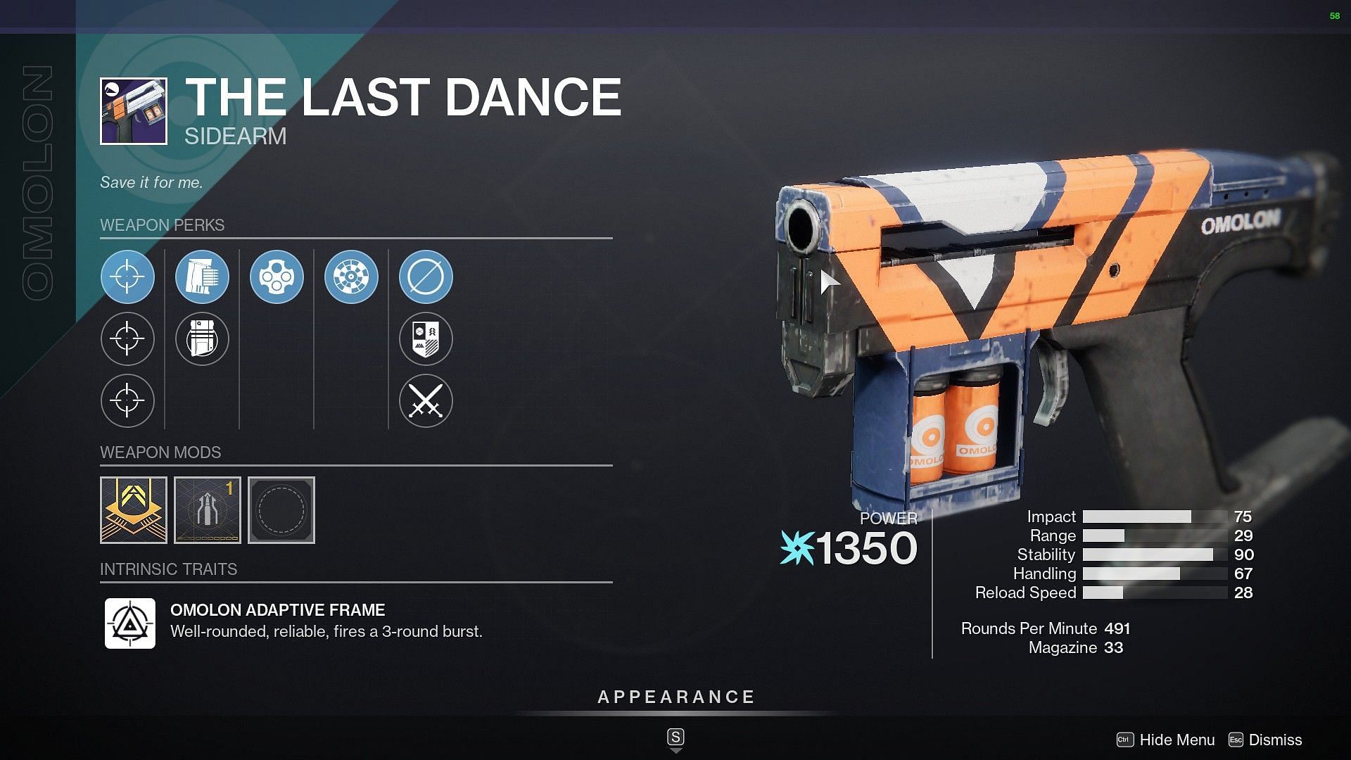 Last Dance Sidearm is for sale this week at Xur (Image via Destiny 2)